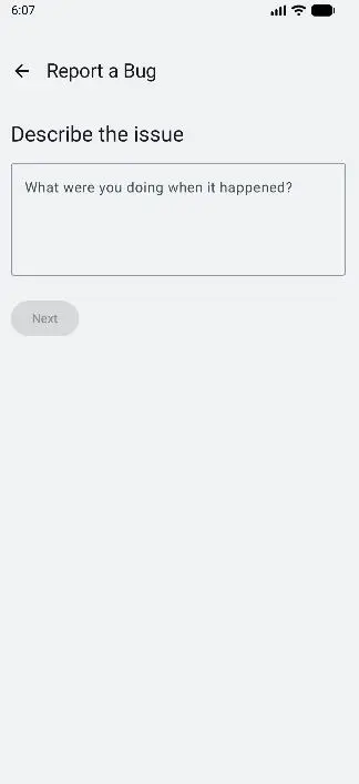 Glyfen Report a Bug Describe the issue step with a text field asking what you were doing