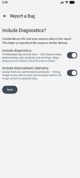 Glyfen Include Diagnostics step with toggles for Include diagnostics and Include improvement telemetry