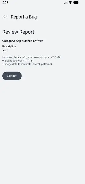 Glyfen Review Report step listing category, description, and the exact data and sizes to be included before submitting