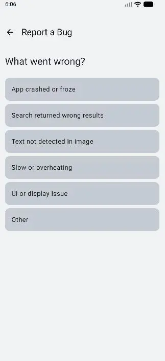 Glyfen Report a Bug step asking What went wrong with category options