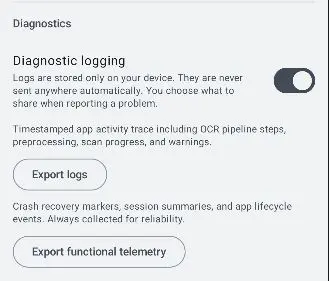Glyfen Diagnostic logging turned on, revealing an Export logs button and a description of what is recorded