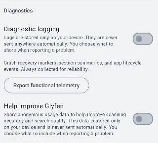 Glyfen Diagnostics section with Diagnostic logging turned off and an Export functional telemetry button