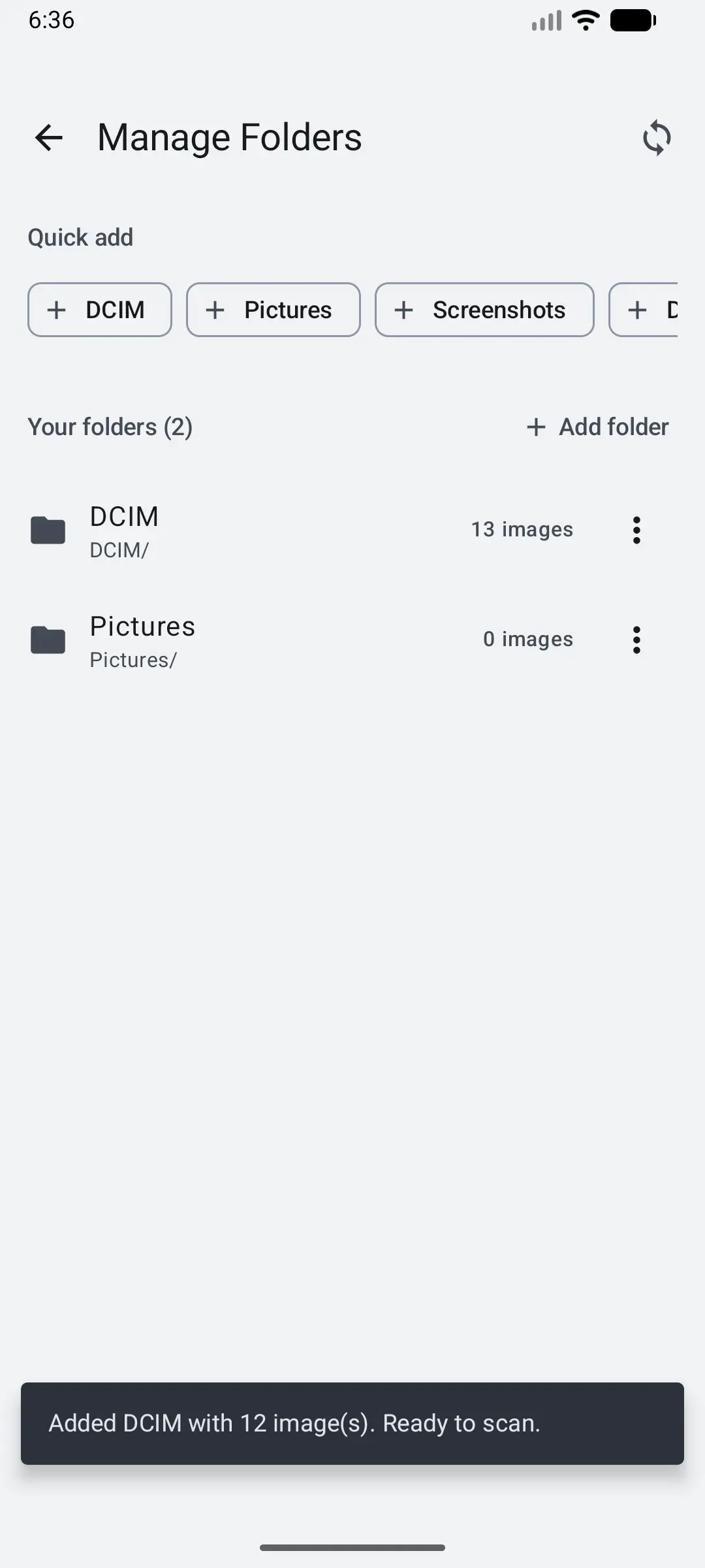 Manage Folders showing DCIM added with 13 images and a snackbar reading Added DCIM with 12 images, ready to scan