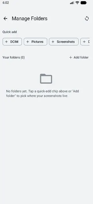 Glyfen Manage Folders screen with quick-add chips for DCIM, Pictures, and Screenshots and no folders added yet