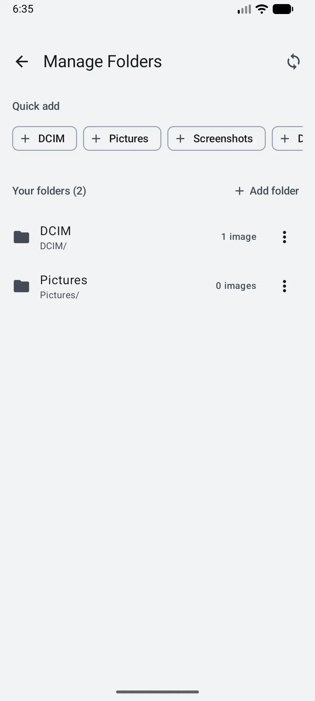 Glyfen Your folders list showing DCIM and Pictures each with an image count and a per-folder menu