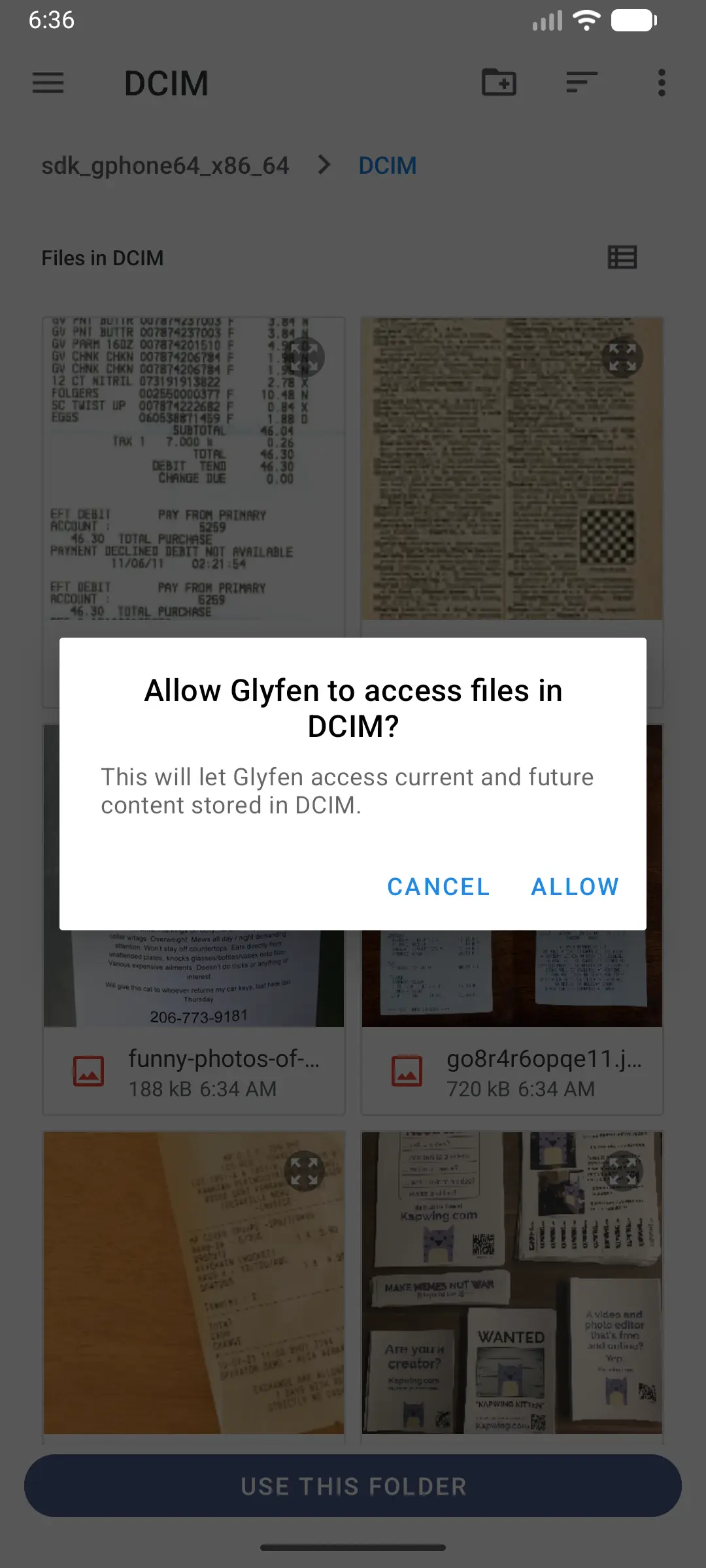 Android permission dialog asking to allow Glyfen to access files in DCIM with Cancel and Allow buttons