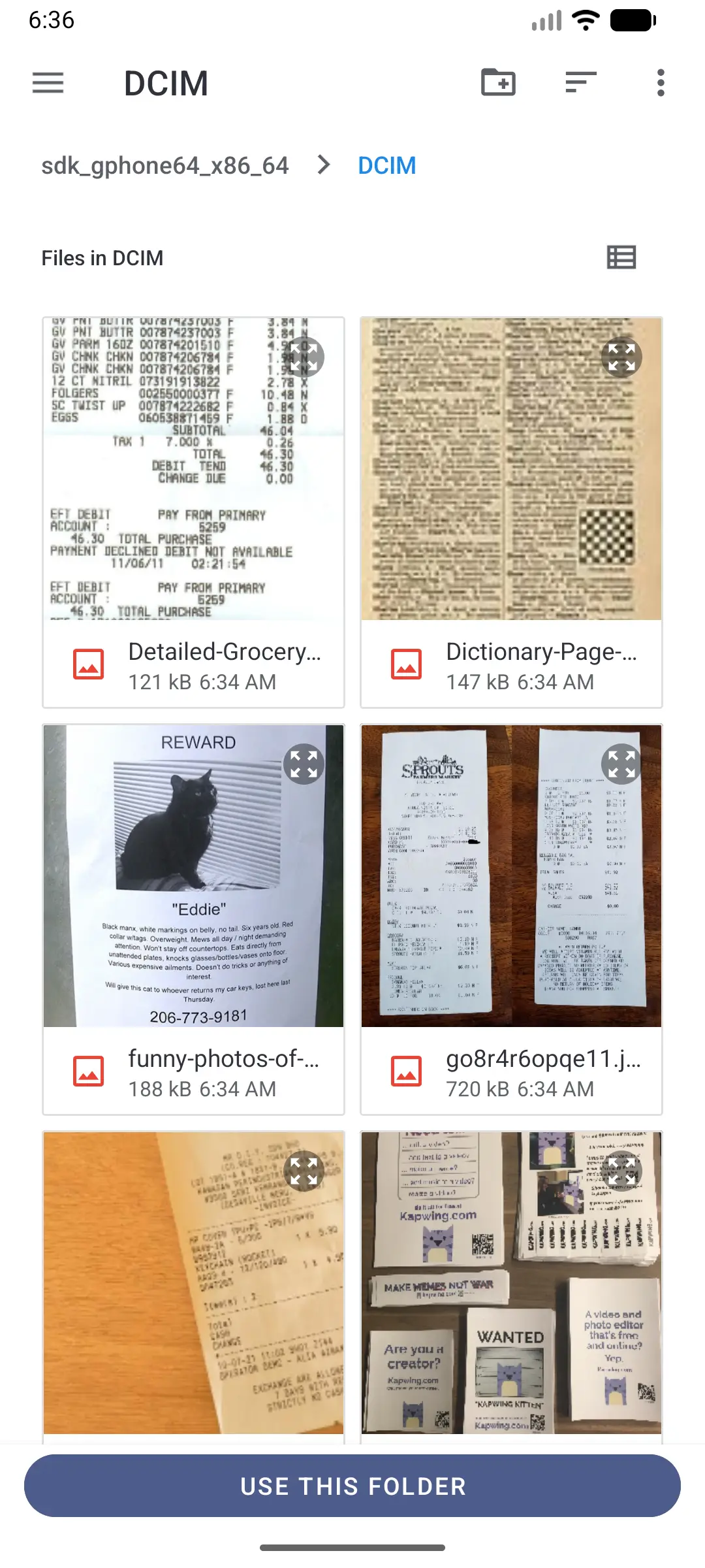 Android system folder picker open at the DCIM folder with a Use this folder button