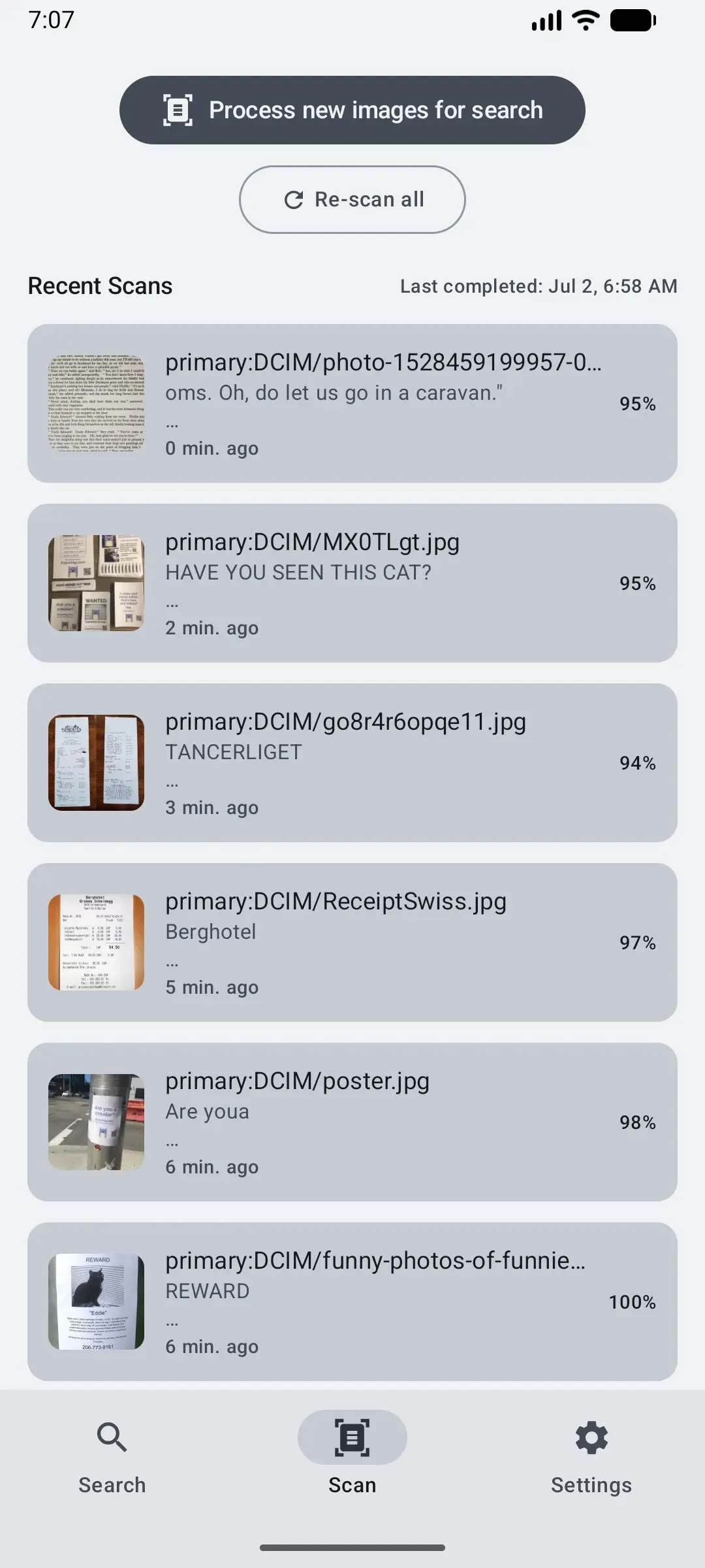 Glyfen Scan tab showing a list of recently scanned images with match percentages
