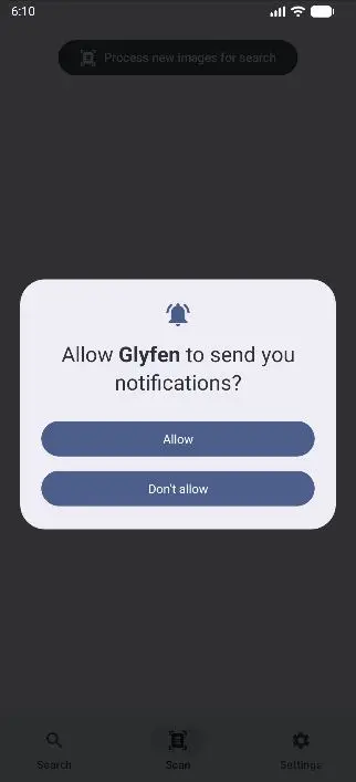 Android dialog asking to allow Glyfen to send notifications with Allow and Don't allow options