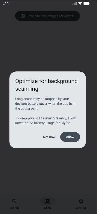 Glyfen dialog titled Optimize for background scanning explaining battery saver may stop long scans