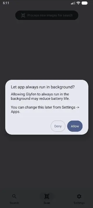 Android system dialog asking to let Glyfen always run in the background with Deny and Allow