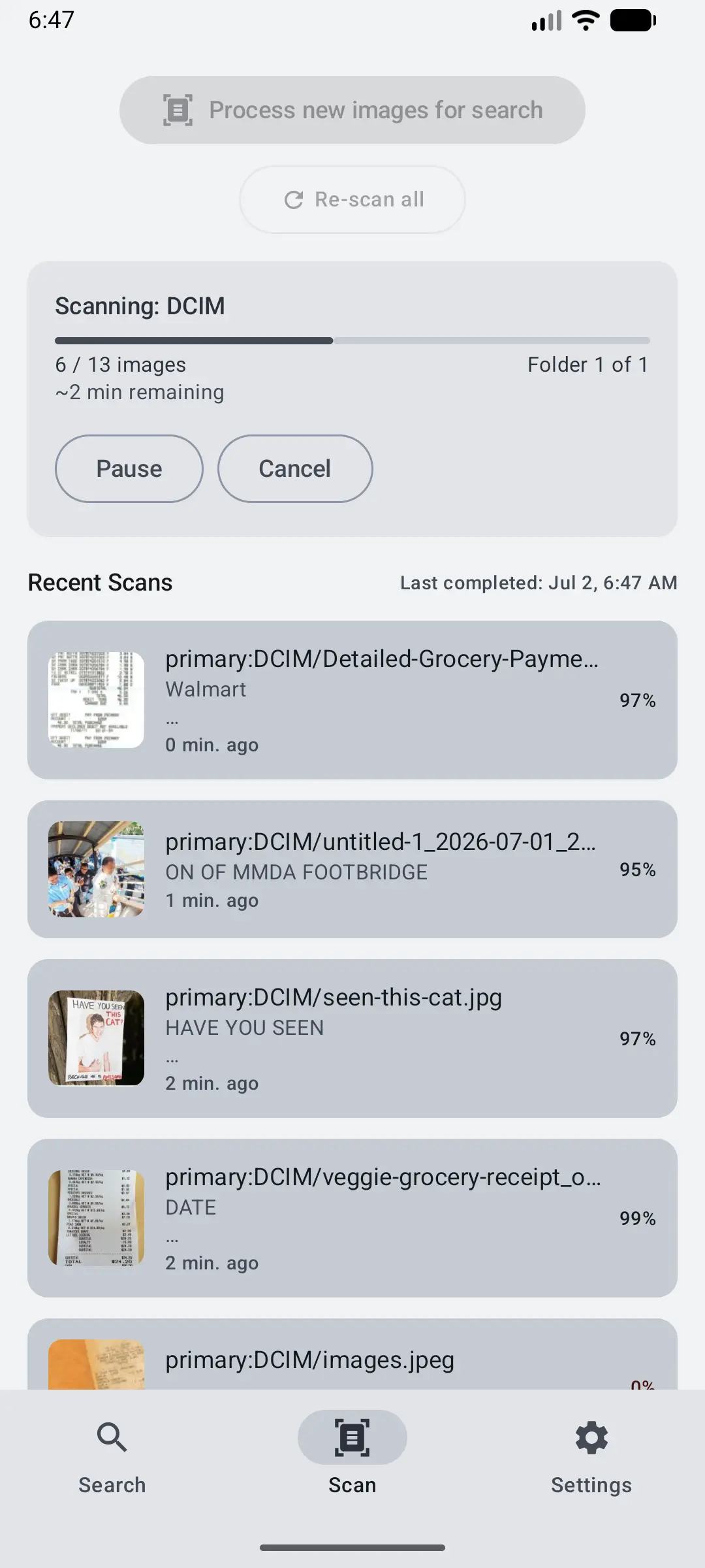 Glyfen scanning DCIM at 6 of 13 images with about 2 minutes remaining, Pause and Cancel buttons, and recent results