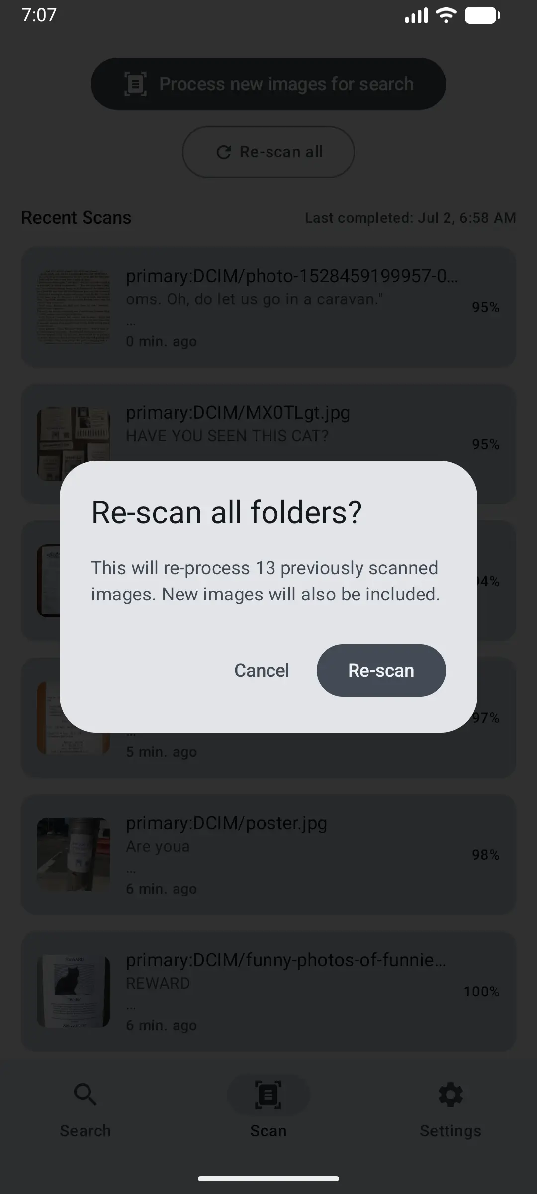 Glyfen confirmation dialog titled Re-scan all folders warning it will re-process 13 previously scanned images