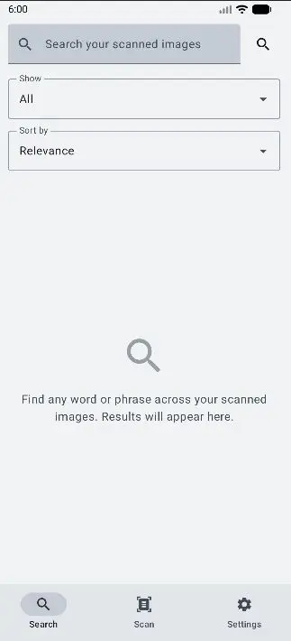 Glyfen Search tab empty state with a search box, Show and Sort by filters, and guidance text