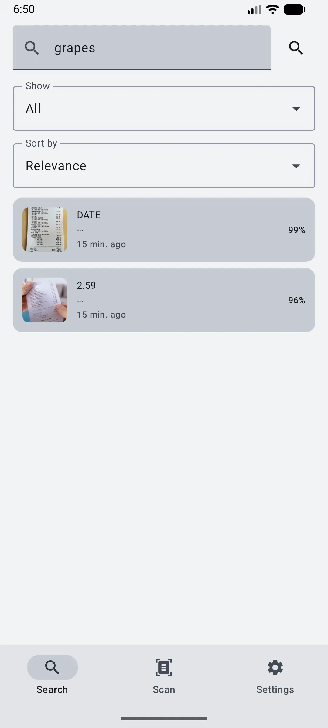 Glyfen search results for the word grapes, showing two matching receipts with confidence scores