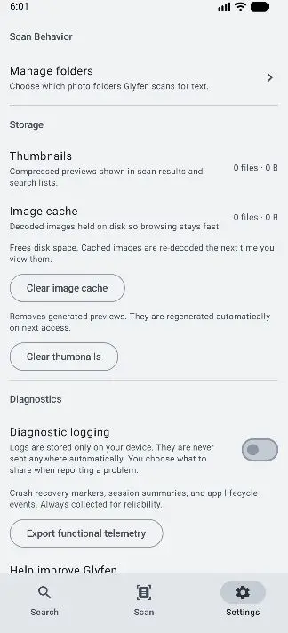 Glyfen Settings screen showing Scan Behavior, Storage with thumbnails and image cache, and Diagnostics sections