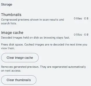 Glyfen Storage settings showing Thumbnails and Image cache sizes with Clear image cache and Clear thumbnails buttons